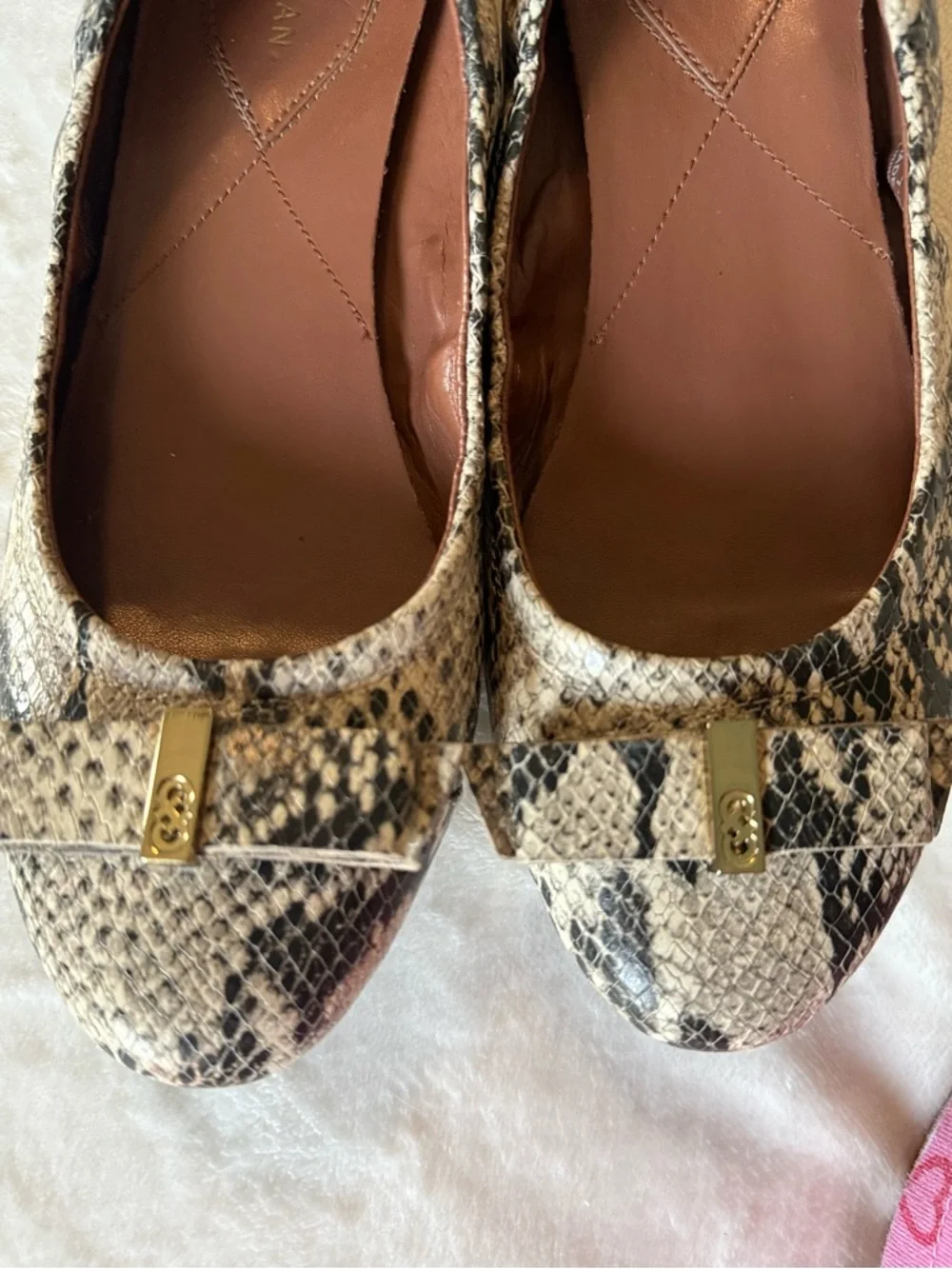 Cole Haan Ballet Flats Bow Detail Snake Print in Black and Cream 7.5